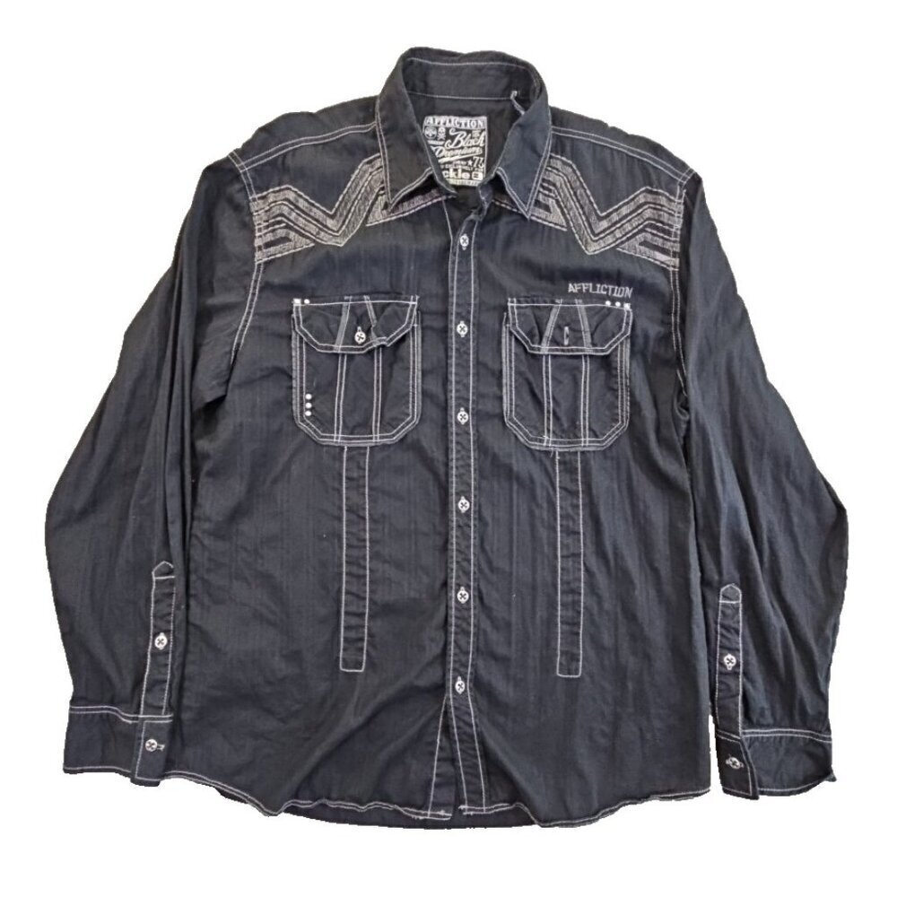 Roar Buckle Affliction Button Down Shirt‎ Black Embroidered X-Large Flap Pockets